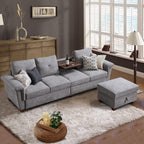 108'' Convertible Sectional Sofa with Storage, 4 Seat L Shaped Couch with Chaise and Cup Holder, Modern Microfiber Fabric Sofas Couches for Living Room, Light Grey