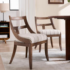 LZAREAL Modern Farmhouse Dining Chairs Set of 4 Mid Century Upholstered Dining Chair with Wooden Curved Back Kitchen Chairs for Dining Room Restaurant Cafe, Brown Walnut Colored-Linen Khaki Stripe