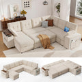 Vipbear 112" Modular Sectional Sleeper Sofa with Pull Out Bed, Chenille Modern 7 Seat L Shaped Couch with Reclining Backrest/LiftTop Storage Chaise Armrests/USB/LED Light/Tool-Free Assembly, Beige