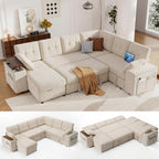 Vipbear 112" Modular Sectional Sleeper Sofa with Pull Out Bed, Chenille Modern 7 Seat L Shaped Couch with Reclining Backrest/LiftTop Storage Chaise Armrests/USB/LED Light/Tool-Free Assembly, Beige