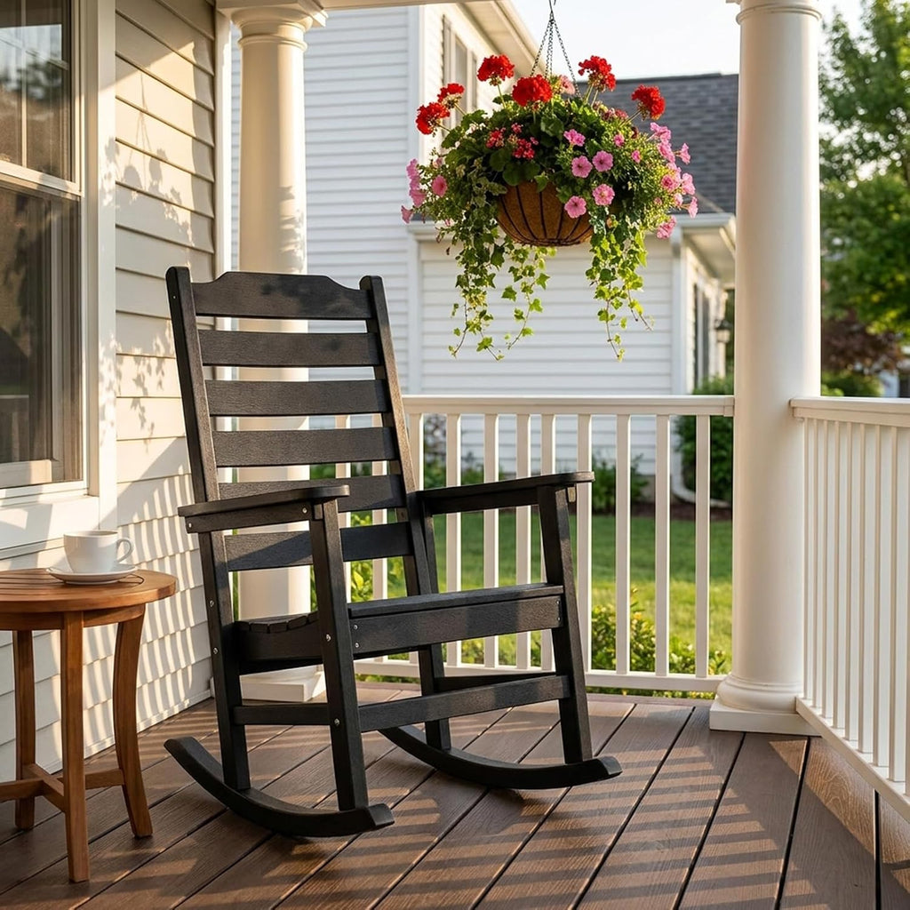 Rocking Chair Set of 2,All Weather Courtyard for Outside Balcony Gardens，High Back Outdoor Rocking Chair with 400lbs，Black