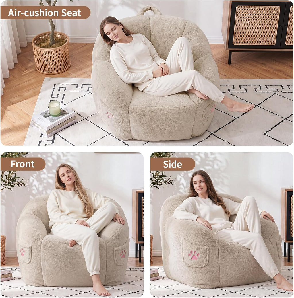 Vipbear Cat Paw Bean Bag Chair with Air-Cushion, Oversized Sofa Chair Khaki | 39", air-cushion filling, cat paw Pocket, carry handle, oversized firm support, ergonomic, plush faux fur, gaming, reading