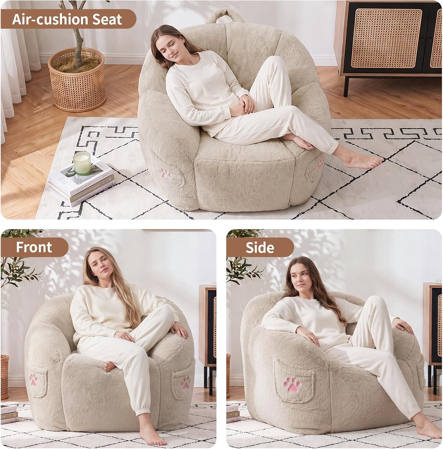 Vipbear Cat Paw Bean Bag Chair with Air-Cushion, Oversized Sofa Chair Khaki | 39", air-cushion filling, cat paw Pocket, carry handle, oversized firm support, ergonomic, plush faux fur, gaming, reading
