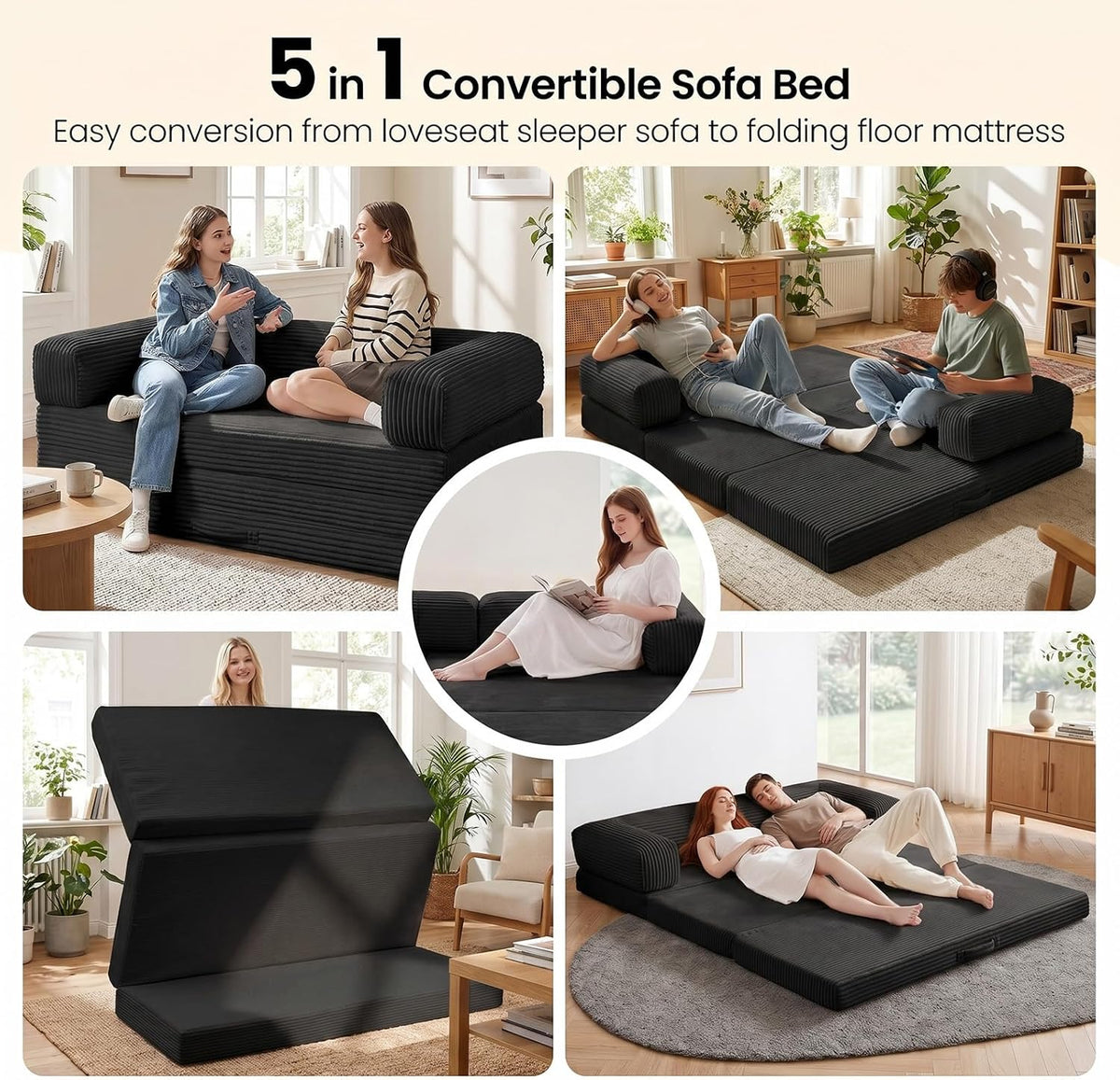 Erament Convertible Sofa Bed, Tri-Folding Mattress Queen Futon Couch Bed, Sleeper Couch Bed with Removable Armrests & Washable Cover for Guest Room, Living Room, Queen, Black