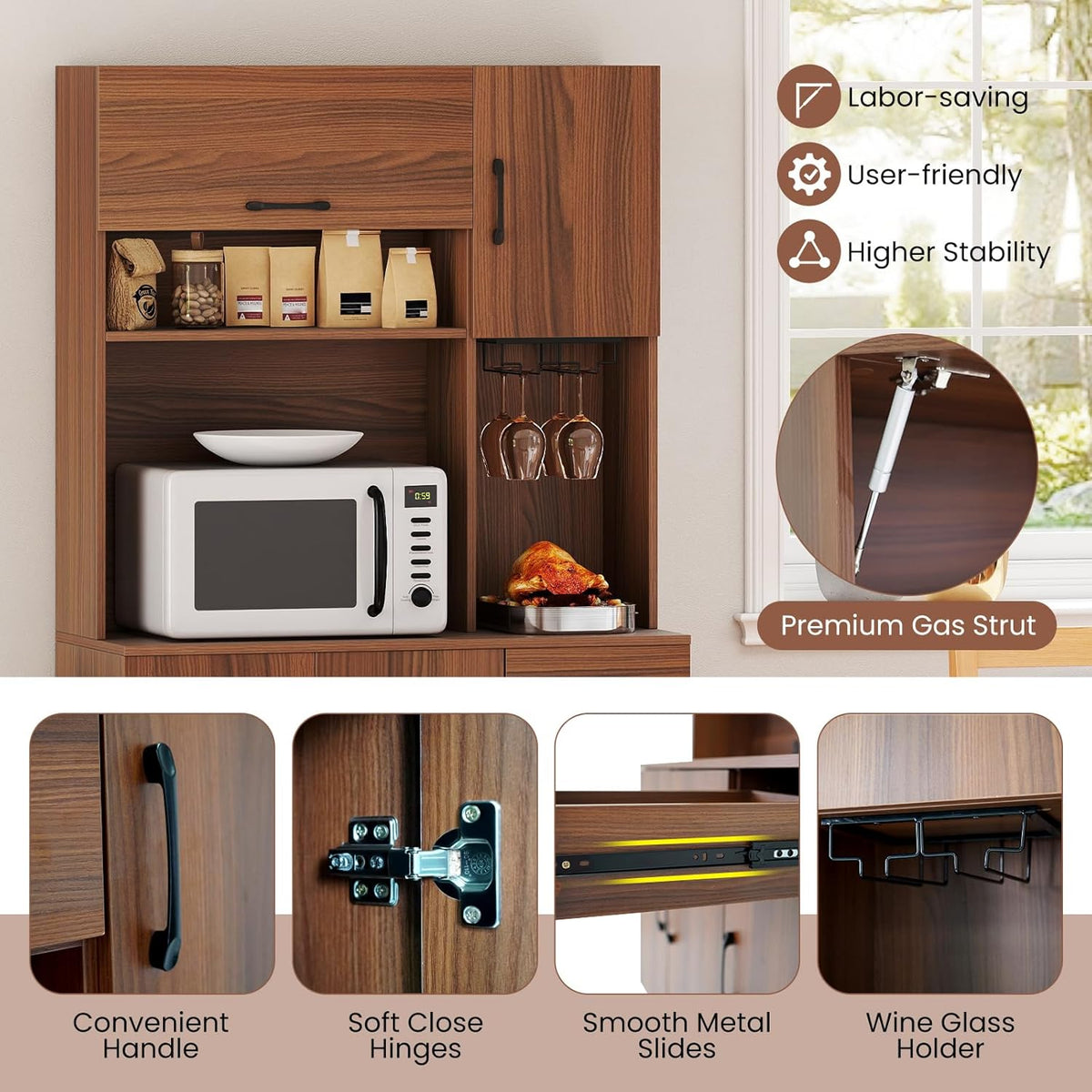 LOKO 66” Tall Pantry with Charging Station, Freestanding Storage Cabinet with Microwave Stand, Wine Glass Holder, Adjustable Shelves, Kitchen Hutch Cabinet for Living Room, Dining Room, Brown