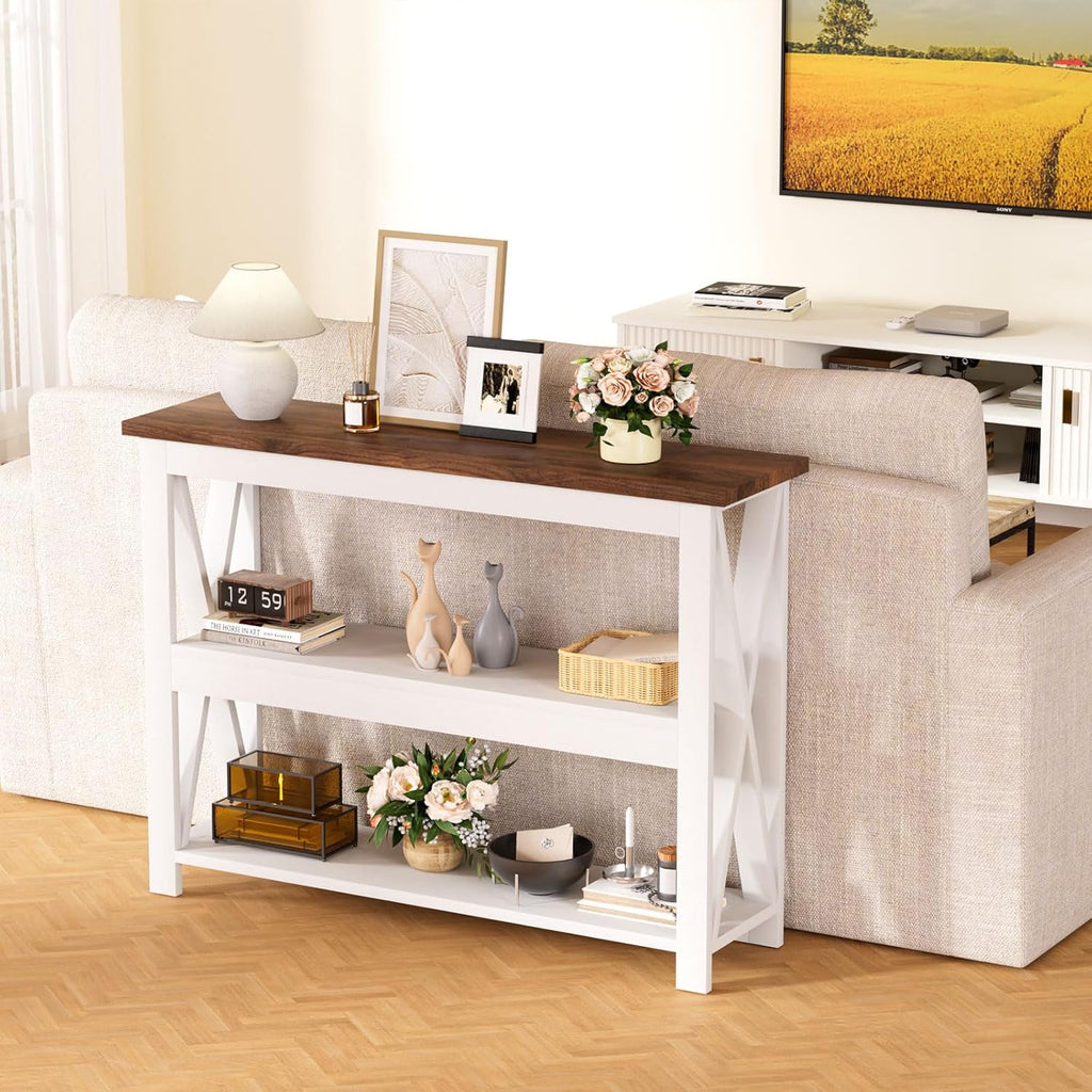 3-Tier Wood Entryway Table: 41" Narrow Console Shelf for Hallway - Farmhouse Sofa Desk Storage for Living Room (White)