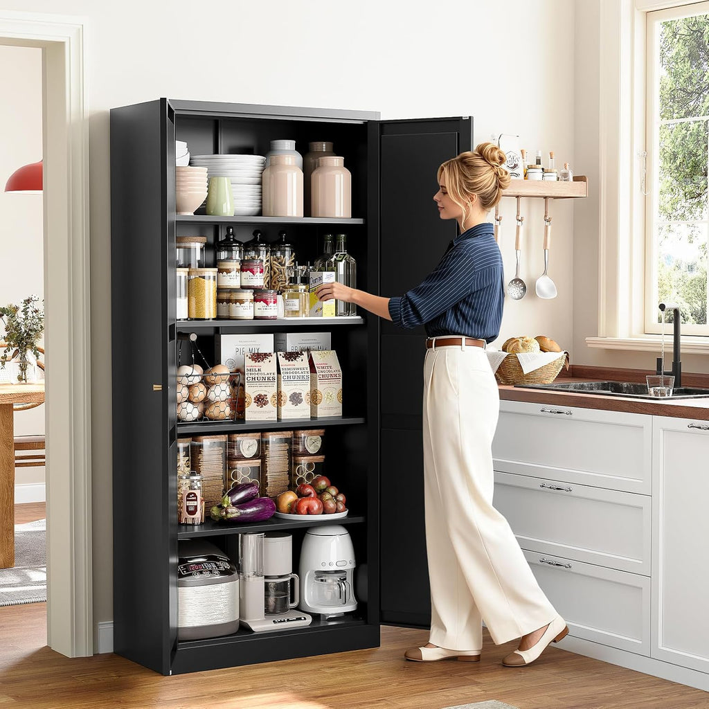 Yizosh Metal Storage Cabinet with 2 Doors and 4 Adjustable Shelves - 71" Black Kitchen Pantry Storage Cabinet, 4-Tier Tall Steel Cabinet Locker for Kitchen, Living Room, Dining Room