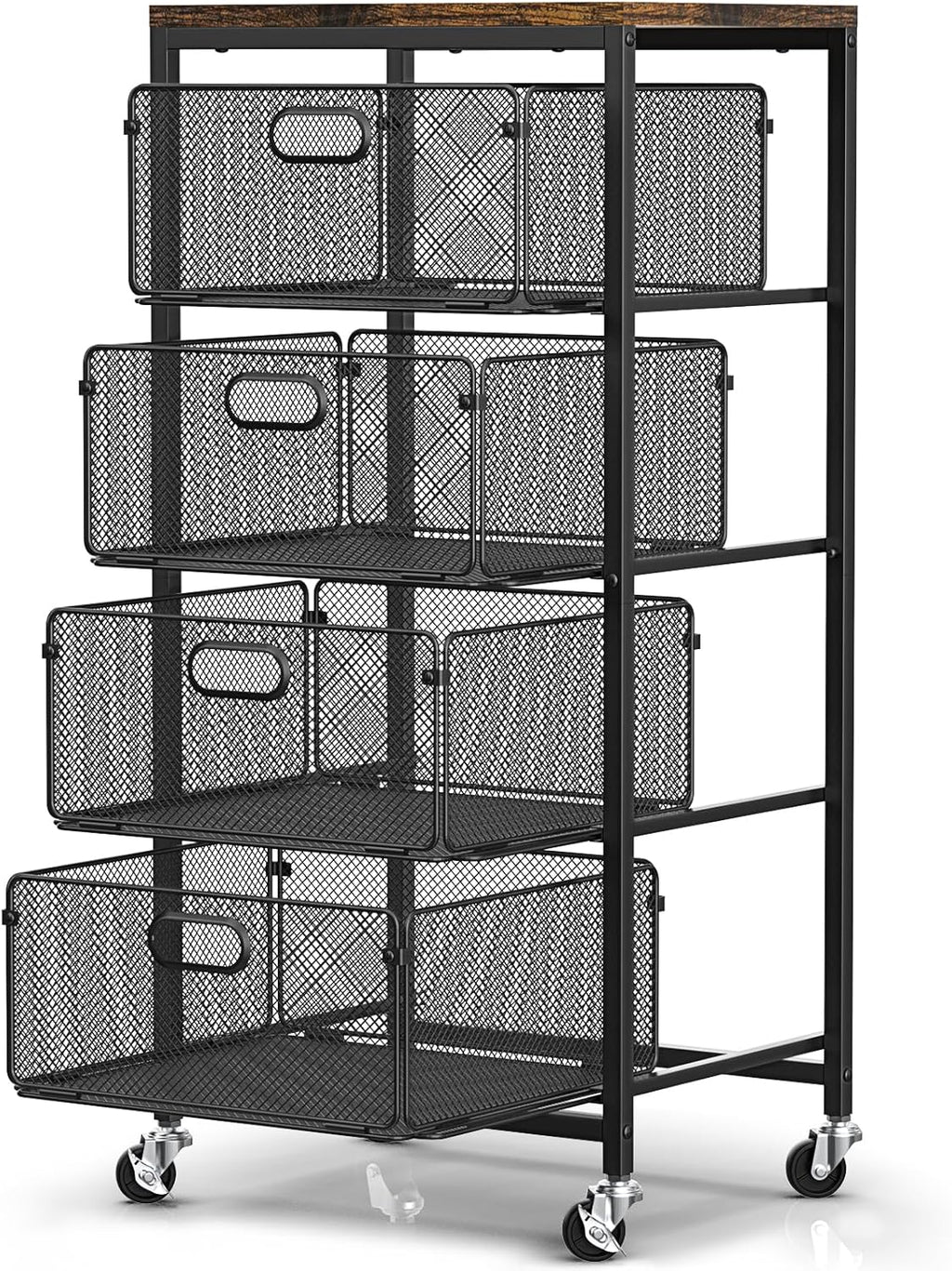 SUNALLY Rolling Kitchen Cart with Drawers, 4-Tier Utility Cart Fruit Vegetable Storage Cart with Lockable Wheels, Wooden Top Metal Kitchen Storage Organizer for Cans, Snacks, Beauty, Craft, Art, Black