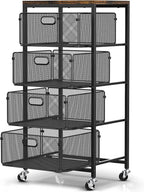 SUNALLY Rolling Kitchen Cart with Drawers, 4-Tier Utility Cart Fruit Vegetable Storage Cart with Lockable Wheels, Wooden Top Metal Kitchen Storage Organizer for Cans, Snacks, Beauty, Craft, Art, Black