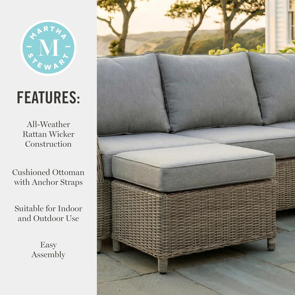 Martha Stewart Lily Pond Rattan Wicker Indoor-Outdoor Patio Ottoman in Weathered Gray with 4" Gray Olefin Cushion, Steel Frame and Zippered Removable Cushion Cover