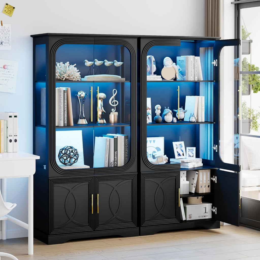 69" Tall Display Cabinet with Glass Doors, Curio Cabinet with 3 LED Lights and Human Body Sensor, Glass Display Case with Storage Cabinet for Living Room, Black