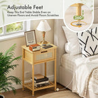 Bamboo Nightstand, Boho Side Table with Drawer and Open Shelf, 3 Tier End Table, Bedside Table, Accent Table, Small Dresser for Bedroom, Dorm and Small Spaces, Natural