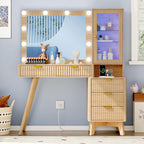 Xixini 45" Fluted Makeup Vanity Desk with Mirror & Lights, Oak