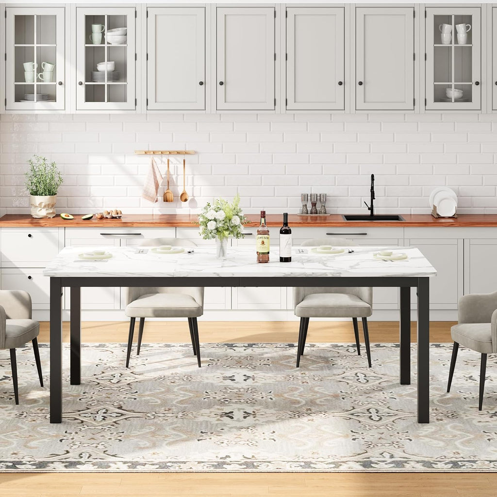 Garvee 79 Inch Dining Table for 6, Farmhouse Wooden Kitchen Tables for Family, Rectangular Industrial Style Dining Room Table with Sturdy Metal Frame, Long Desk for Restaurant, Kitchen, White&Black