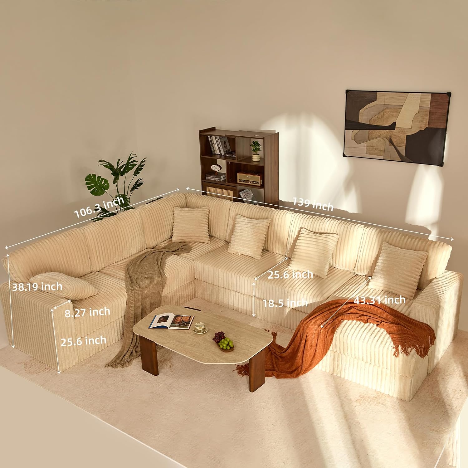 GOSUHI 139" U-Shaped Cloud Couch, Modular Sectional, Deep Seats, White | Pocket Spring Cushions, Oversized 7-Seater, Right Facing Chaise, Corduroy Upholstery Couches for Living Room