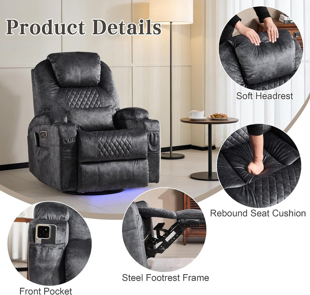 AHMED Dual Motor Power Swivel Rocker Recliner Chair, Velvet Grey | Electric Glider Rocking Chair, Massage & Heat, Cup Holders, LED Lights, USB A/USB C Ports