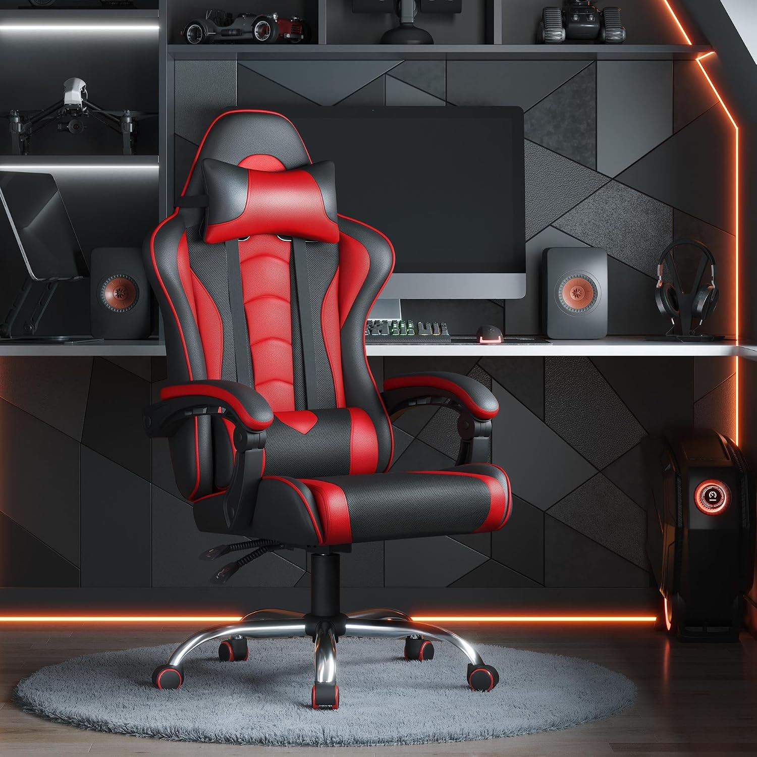 Yaheetech Gaming Chair with Massage Lumbar Pillow High Back Reclining Red | PU leather racing seat with thick foam padding, massaging lumbar cushion, headrest, and steady recline for all-day comfort.