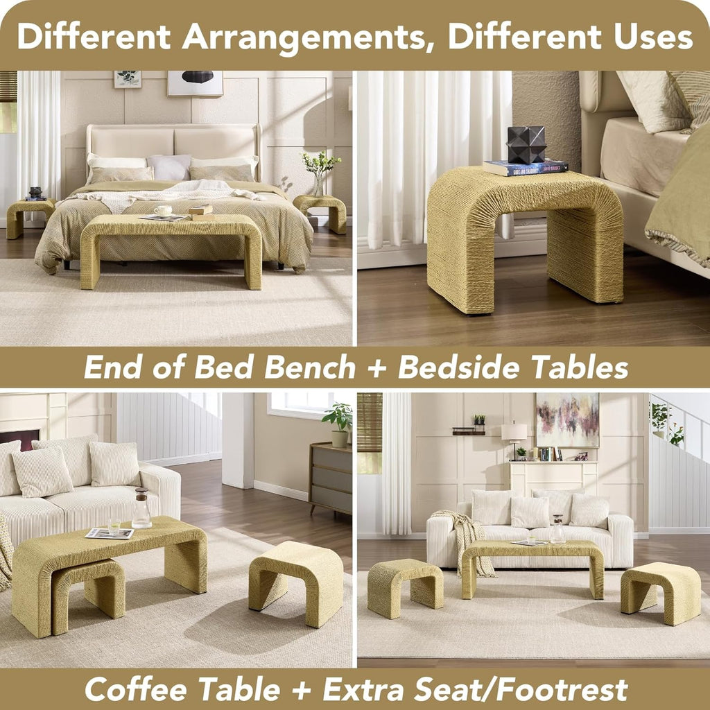 LZAREAL 3-Piece Nesting Woven Rope Coffee Table Set, 47" Boho Waterfall Living Room Table with 2 Stools Underneath, Modern Coastal Center Table Tea Table, Natural
