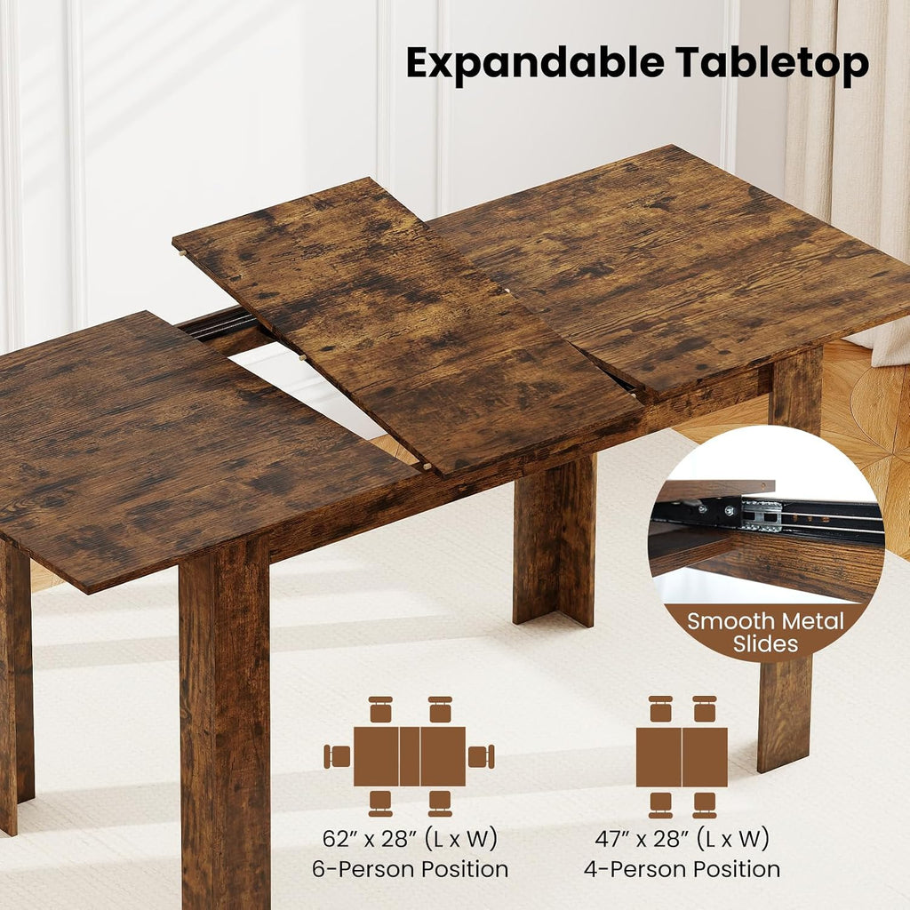 Giantex Extendable Dining Table for 4/6/8, 47"-62" Farmhouse Kitchen Table, Space-Saving Transformer Table for Dinette, Home Office, Living Room, Small Space (Rustic Brown)