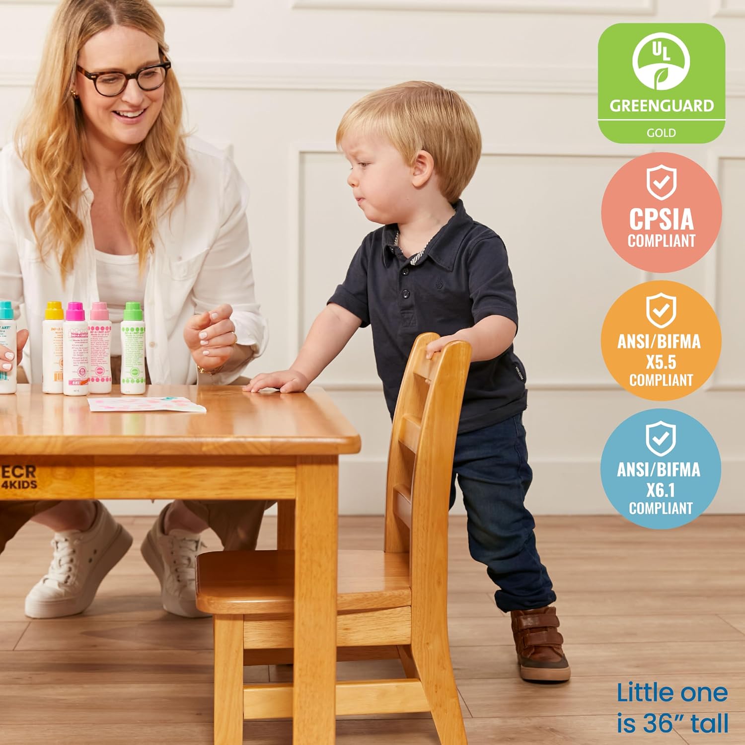 ECR4Kids 30in x 30in Square Hardwood Table with 16in Legs and Two 8in Chairs, Kids Furniture, Honey, 3-Piece | Durable rubberwood, GREENGUARD Gold Certified, ANSI/BIFMA Compliant, 2-3 years, 74 lb seat capacity, classroom & home use