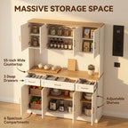 71" Tall Farmhouse Kitchen Pantry Cabinet, 55" Wide Storage Hutch with LED Lights, Charging Station, Drawers & Adjustable Shelves, Multi-Purpose Microwave Coffee Bar for Kitchen Dining Room (White)