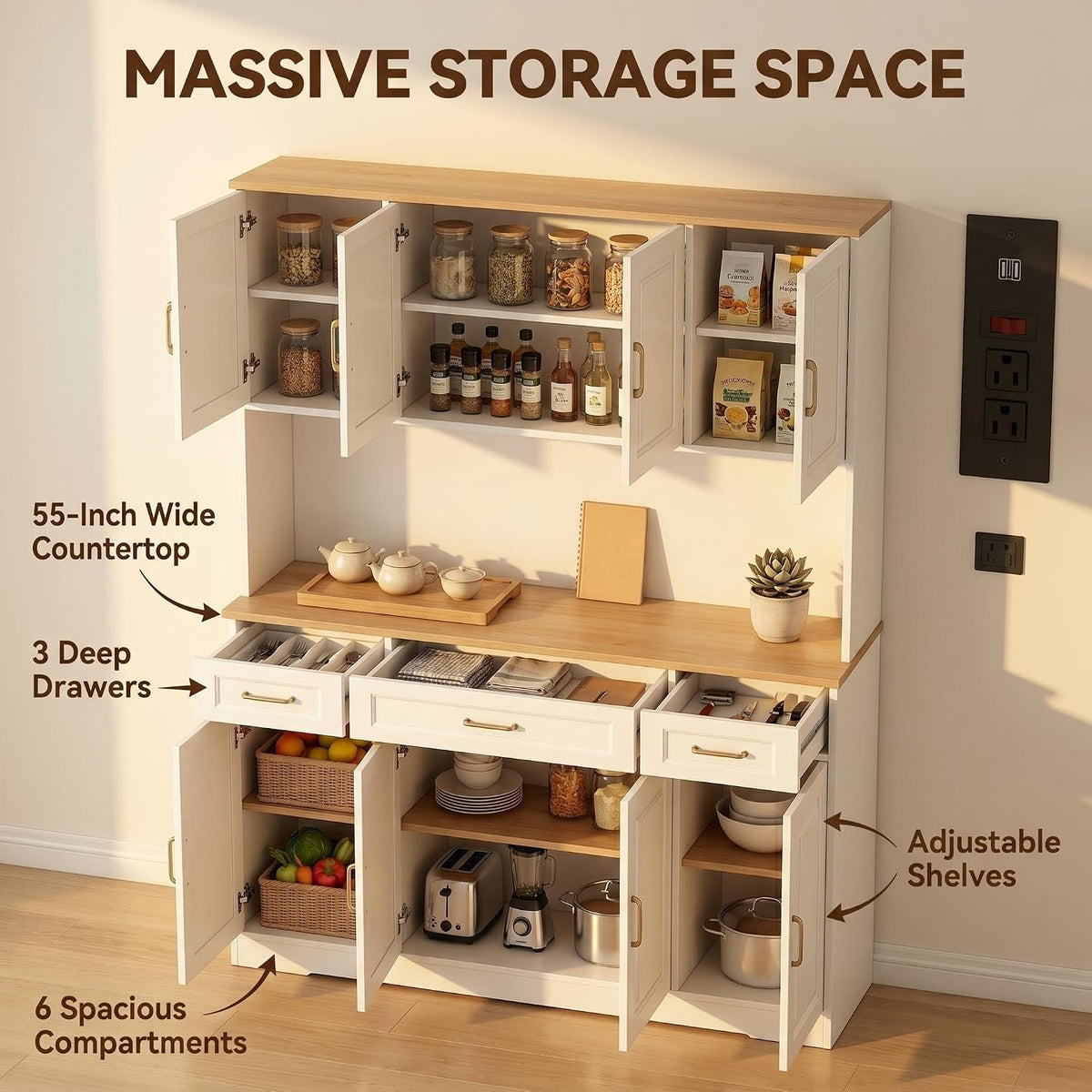 71" Tall Farmhouse Kitchen Pantry Cabinet, 55" Wide Storage Hutch with LED Lights, Charging Station, Drawers & Adjustable Shelves, Multi-Purpose Microwave Coffee Bar for Kitchen Dining Room (White)