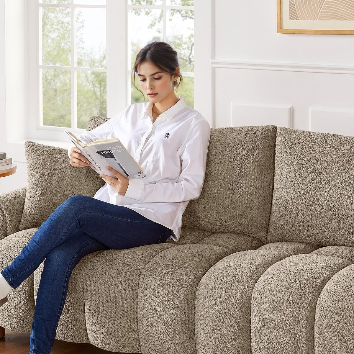VANOMi Boucle Sofa Couch, 91" Comfy Tufted Upholstered Cloud Couches, Modern 3 Seater Sofa with Pillows, Oversized Deep Seat Sherpa Couch for Living Room, Bedroom, Apartment (Camel Color)