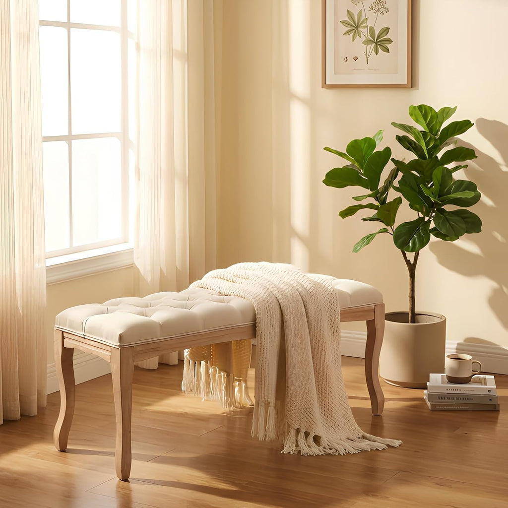 GDFStudio 43.3" French Country Bedroom Bench, Tufted Upholstered End of Bed Bench with Carved Rubber Wood Legs, Vintage Linen Entryway Bench Seat for Living Room, Foyer, Dining Room, Beige