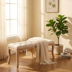 GDFStudio 43.3" French Country Bedroom Bench, Tufted Upholstered End of Bed Bench with Carved Rubber Wood Legs, Vintage Linen Entryway Bench Seat for Living Room, Foyer, Dining Room, Beige