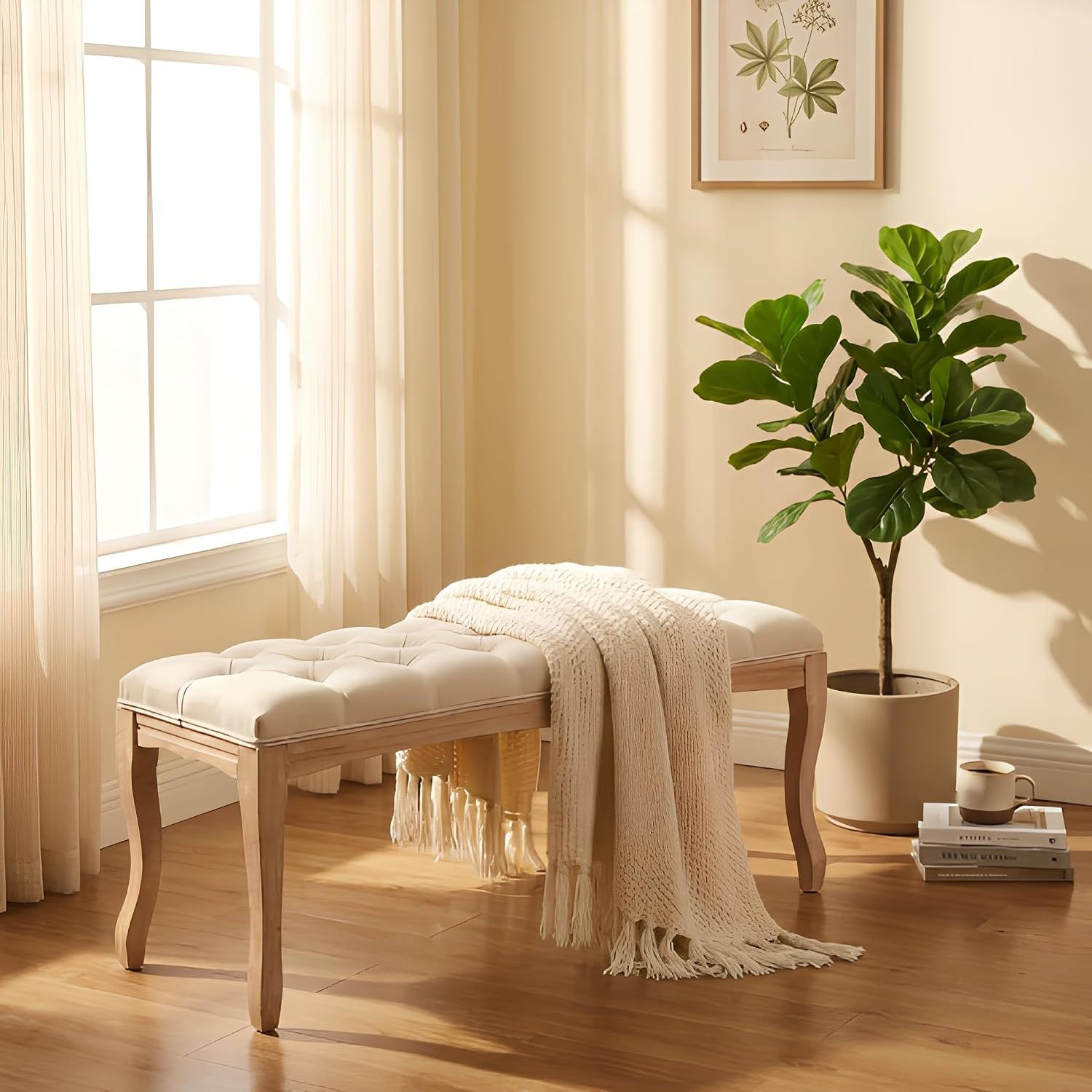 GDFStudio 43.3" French Country Bedroom Bench, Tufted Upholstered End of Bed Bench with Carved Rubber Wood Legs, Vintage Linen Entryway Bench Seat for Living Room, Foyer, Dining Room, Beige
