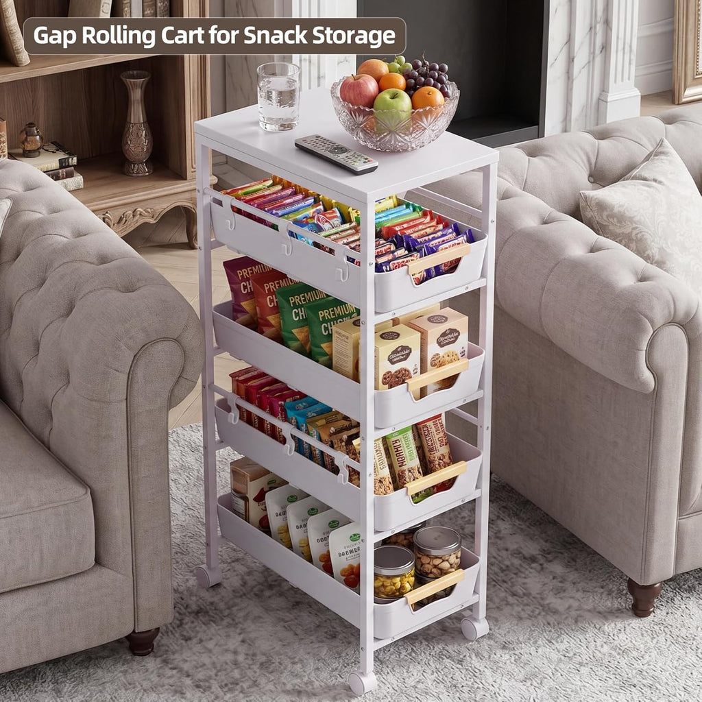 5 Tier Slim Rolling Storage Cart with Pull-Out Drawers,Narrow Utility Organizer Cart with Wooden Top & Wheels for Small Spaces Kitchen Bathroom Laundry Room (White)