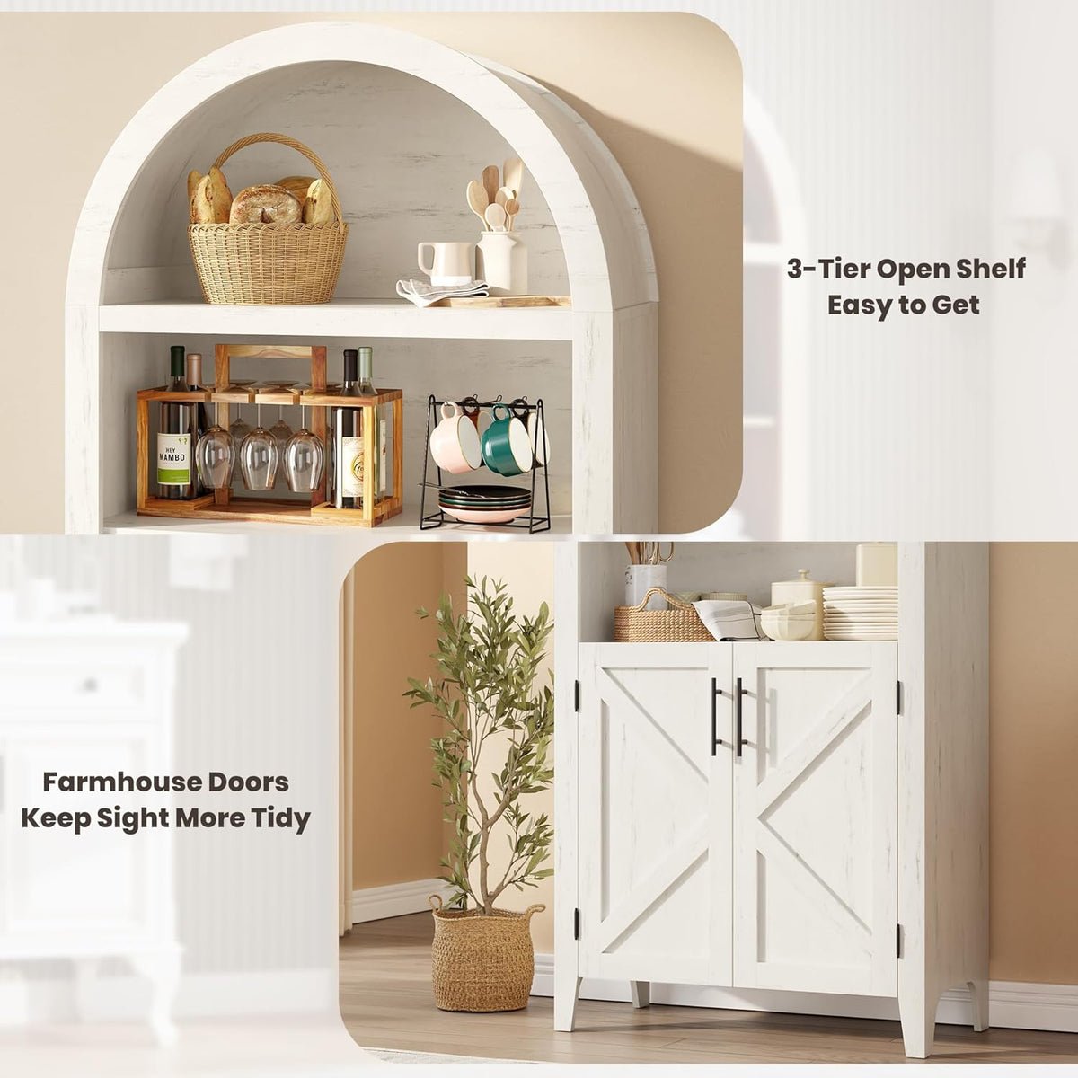 Garvee Arched Cabinet with Doors, 5-Tier Kitchen Pantry Cabinet with Adjustable Shelves, Wooden Open Farmhouse Storage Organizer for Kitchen, Dining Room, Living Room, Home Office, White