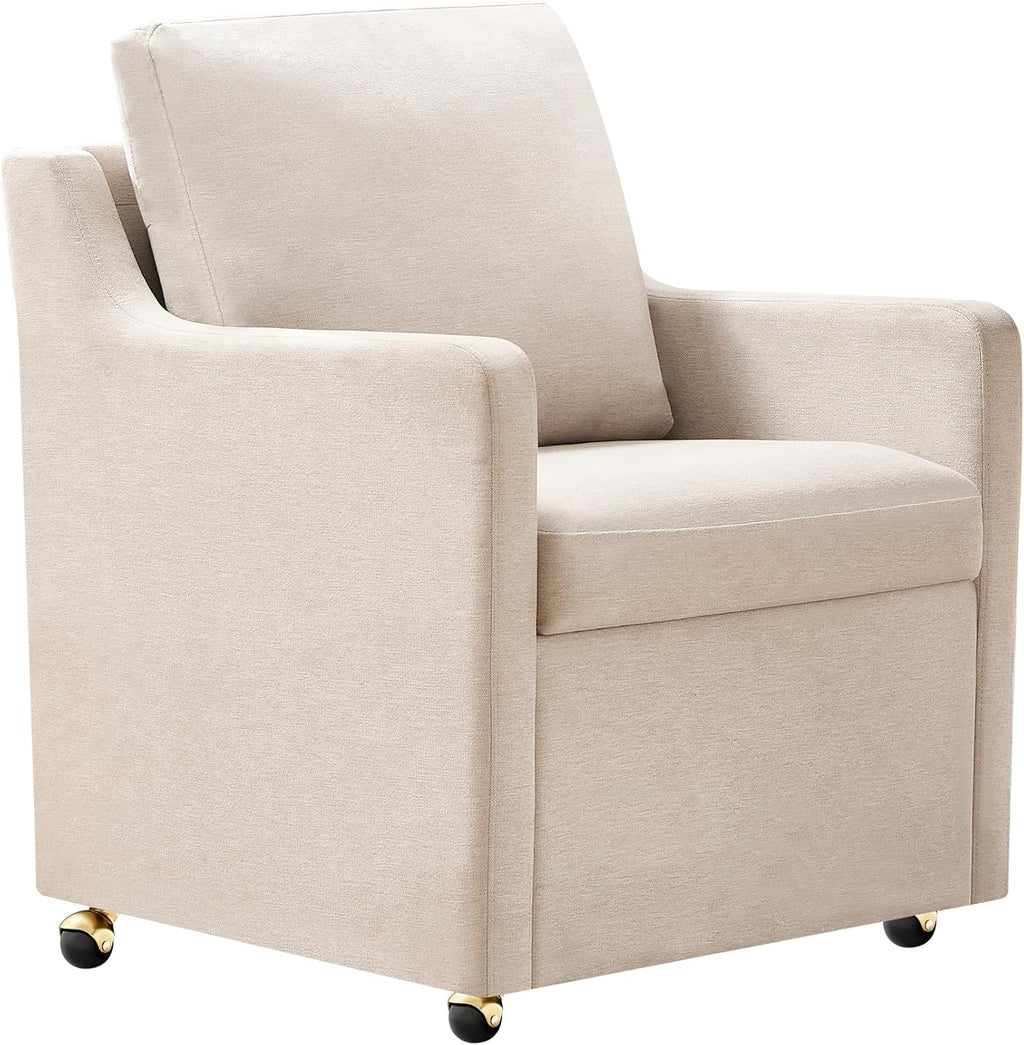 Modern Dining Chair, Linen Upholstered Dining Chairs with Back Pillow and 4 Casters, Accent Armchair for Reading Room Living Room Bedroom (Beige-1 Seat)