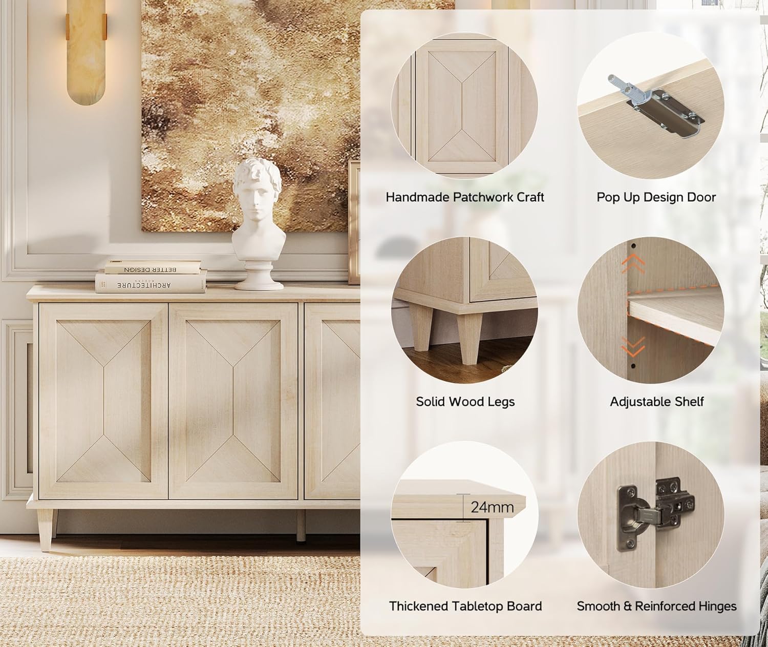 WAMPAT 65-inch Handcrafted Patchwork Decorative Buffet Cabinet with Pop-Up Design Doors,Full Unit Modern Farmhouse Accent Credenza for Coffee Bar, Kitchen, and Living Room,Beige Light Oak