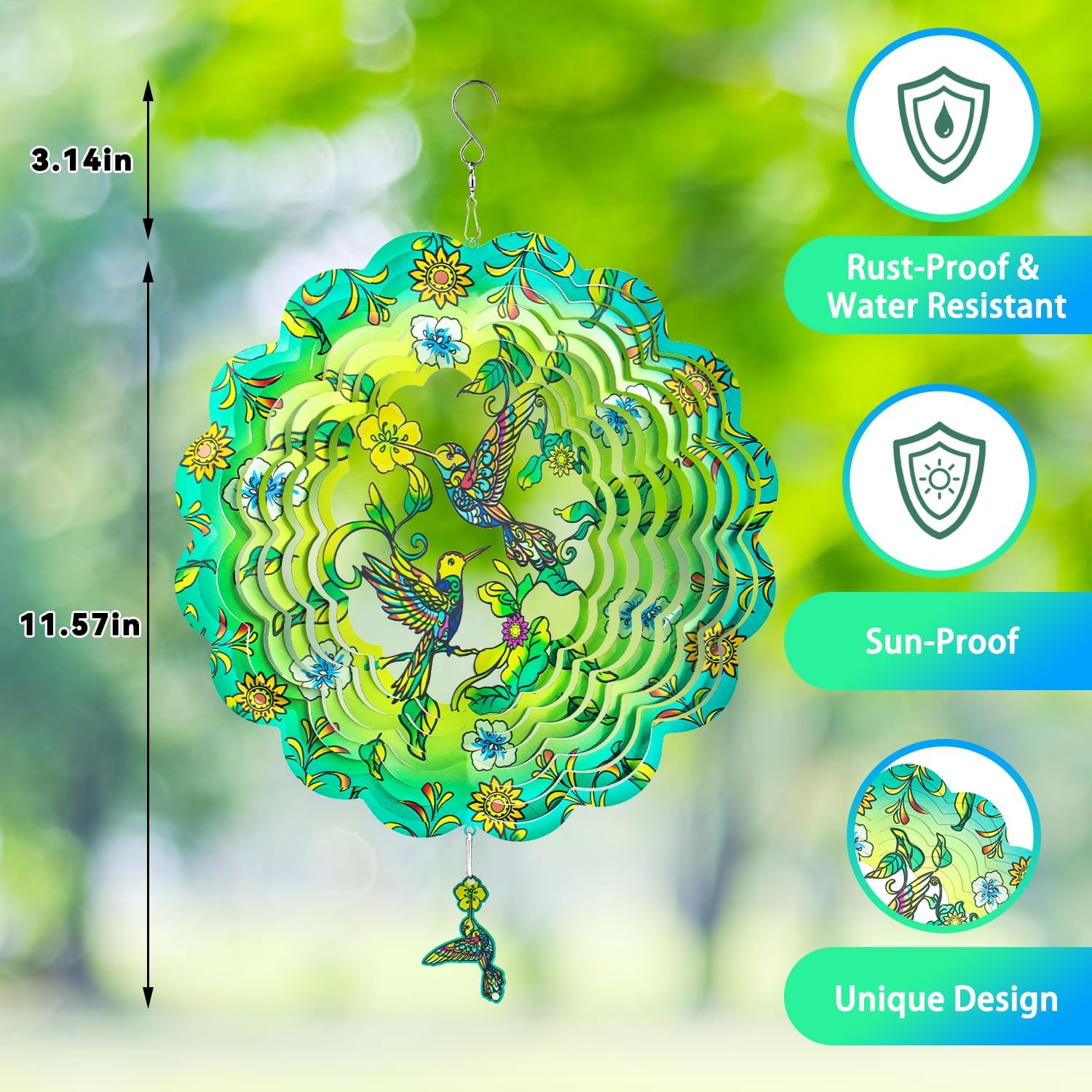 Wind Spinners,12 inch Hummingbird with 360° Swivel Hook for Yard and Garden, Bird Wind Catcher, Metal Wind Spinners Outdoor for Lawn Hanging Crafts Decor Kinetic Yard Art Ornament Gifts