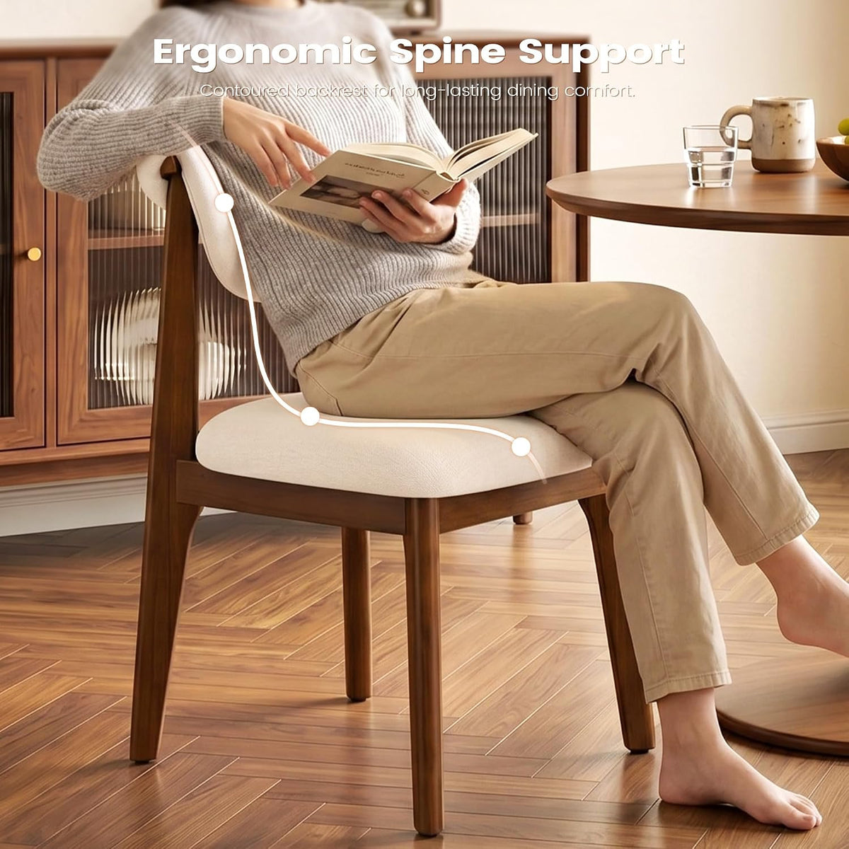 Dining Chairs Set of 6, Solid Rubberwood Kitchen Chairs with Lumbar Support High Back, Breathable Cotton Fabric Seat Cushion, Mid-Century Modern Accent Furniture for Dining Room Living Room Home,Beige