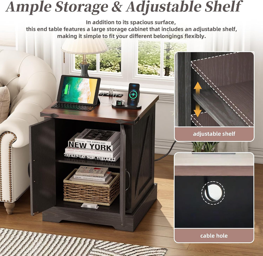 Merax Farmhouse End Table with Charging Station, Rustic Wood Nightstand with Adjustable Shelf, 19.6" W Versatile Walnut Sofa Side Table with Barn Doors & Retro Hinges for Bedroom, Living Room, Grey