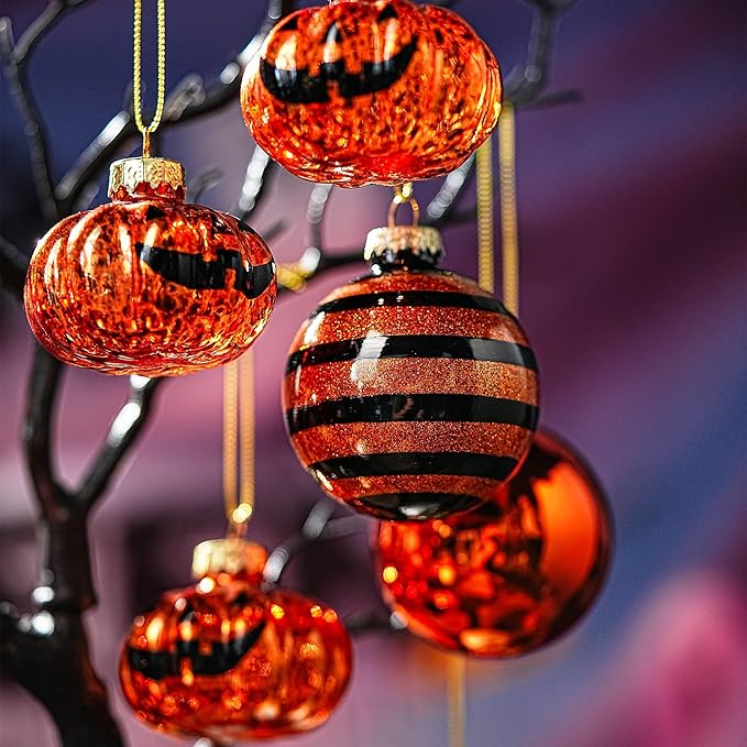 Halloween Tree Ornament Decorations Indoor, 12-Pack Pumpkin Decorative Hanging Ball Ornaments Set for Halloween Christmas Tree, Holiday Party Indoor Home Decor