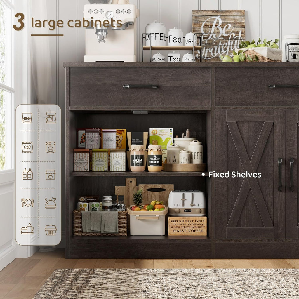 HOSTACK 71"W Farmhouse Kitchen Sideboard Buffet Cabinet with Storage, Brown