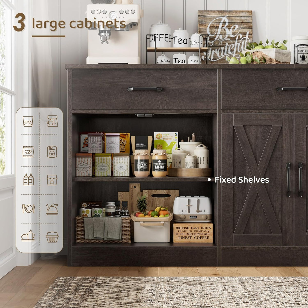 HOSTACK 71"W Farmhouse Kitchen Sideboard Buffet Cabinet with Storage, Brown