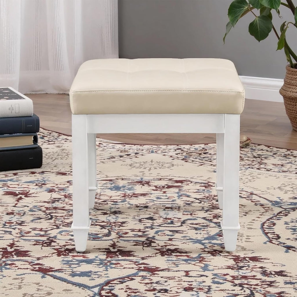 Solid Wood Vanity Bench Stool, Small Vintage Ottoman Foot Stool with Off-White Button Tufted PU Cushion Carved Footrest Rustic Stools for Bedroom Living Room,18.5 * 14.2 * 18.5in