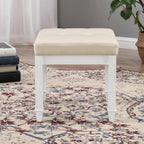 Solid Wood Vanity Bench Stool, Small Vintage Ottoman Foot Stool with Off-White Button Tufted PU Cushion Carved Footrest Rustic Stools for Bedroom Living Room,18.5 * 14.2 * 18.5in