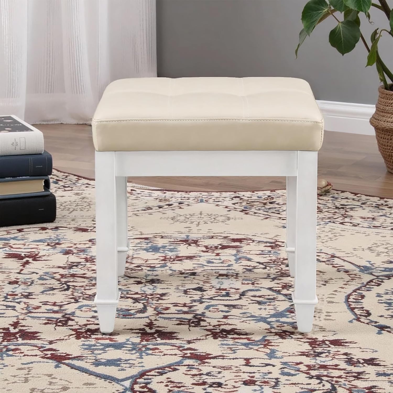 Solid Wood Vanity Bench Stool, Small Vintage Ottoman Foot Stool with Off-White Button Tufted PU Cushion Carved Footrest Rustic Stools for Bedroom Living Room,18.5 * 14.2 * 18.5in