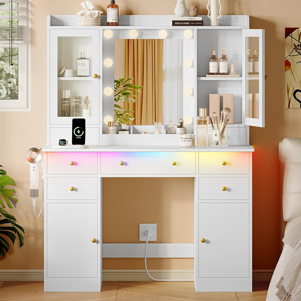 Xixini 44" Vanity Desk with Mirror & Lights, Glass Storage Cabinets, White | Makeup Table Set with Charging Station, RGB Light Strip, 7 Drawers & Open Shelf, 3 Light Modes & Dimmable for Women & Girls
