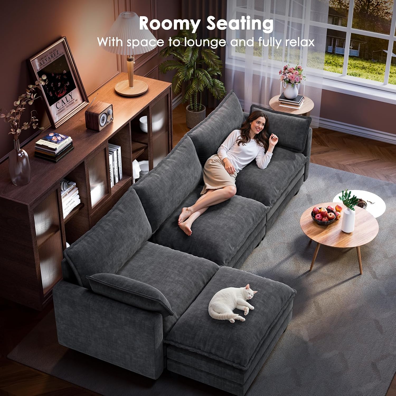 Marsail 110.6" Modular Sectional Sofa, 5-Seat Chenille Couch with Deep Seat, Ottoman & Throw Pillows, U-Shaped Couch for Living Room, Grey