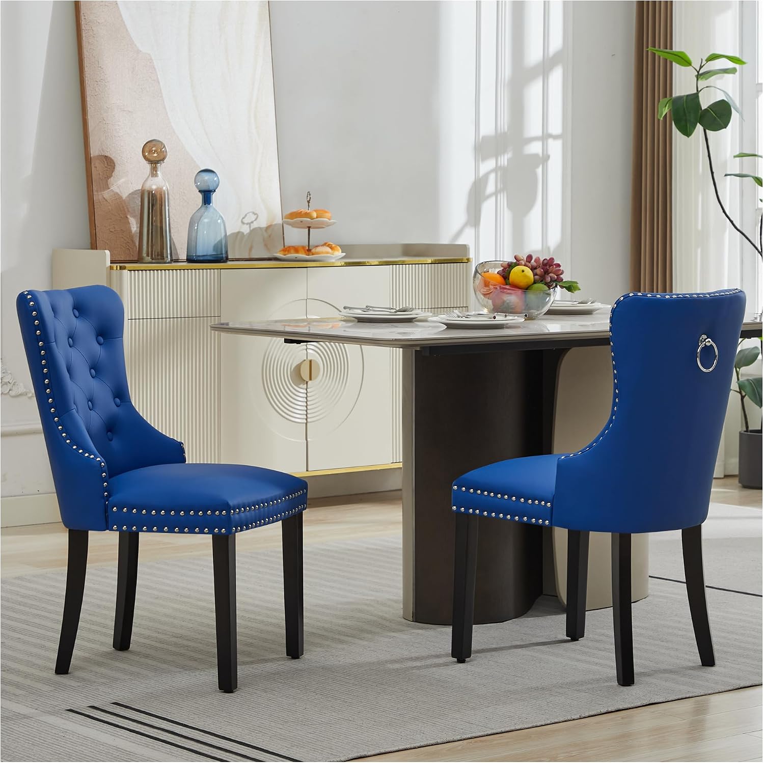 adochr PU Leather Dining Chairs Set of 6, Tufted Upholstered Dining Room Chair with Pull Ring and Solid Wood Legs, Blue