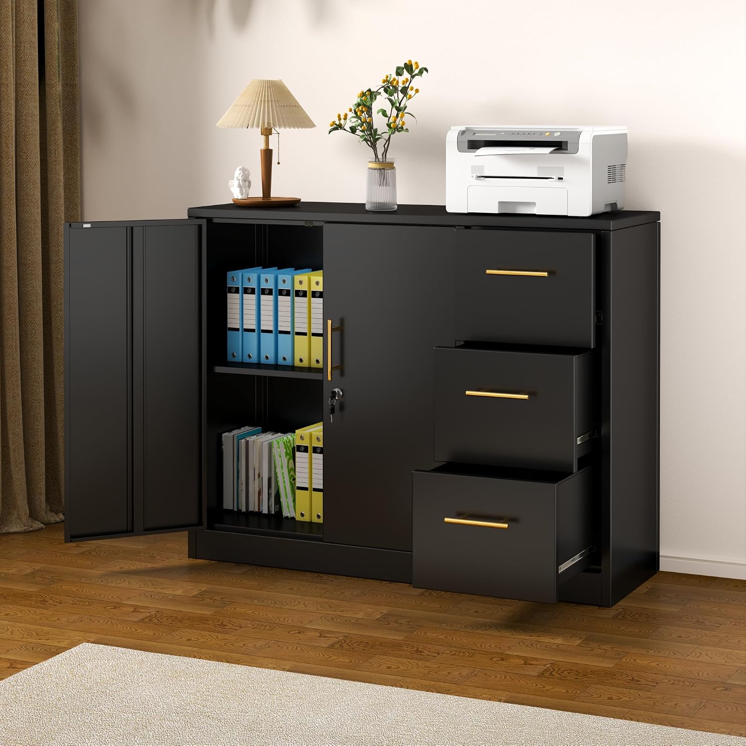 Tokawa Large Metal Office Storage Cabinet with 3 Drawers & 2 Doors, 46.46" Wide Credenza with Gold Handles, Stationary Sideboard & Printer Stand for Home Office, Black 1