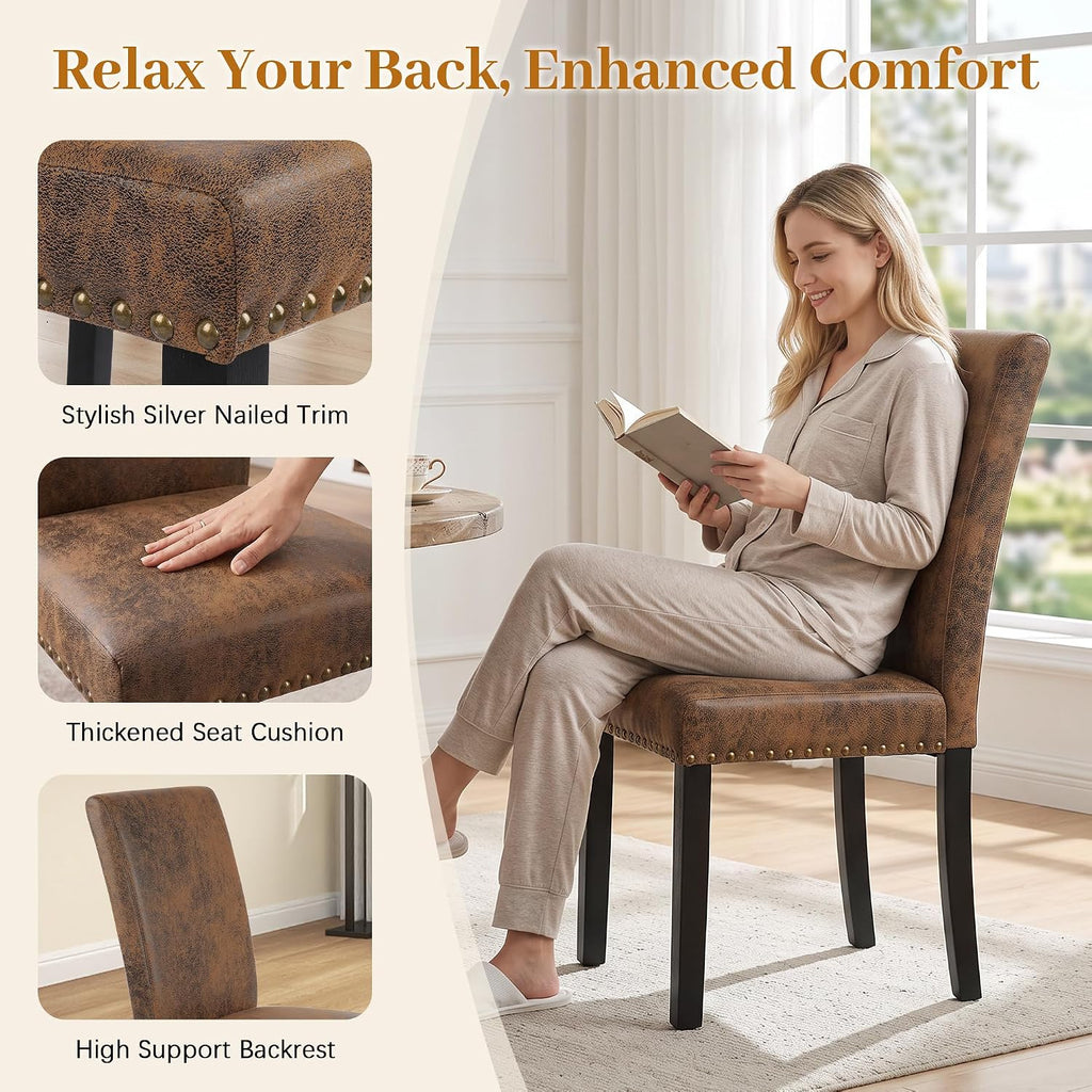 Dining Chairs Set of 4, Vintage Brown Kitchen Chairs with Nailhead Trim | Comfy Padded Parsons Chairs with Solid Wood Legs, Suitable for Dining Room, Kitchen, Restaurant