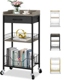 Tall Side Table with Drawer and Shelves, Narrow End Table with Optional Wheels, 4-Tier Small Side Table, 30" High for Living Room, Bedroom, Bathroom, Black & Grey
