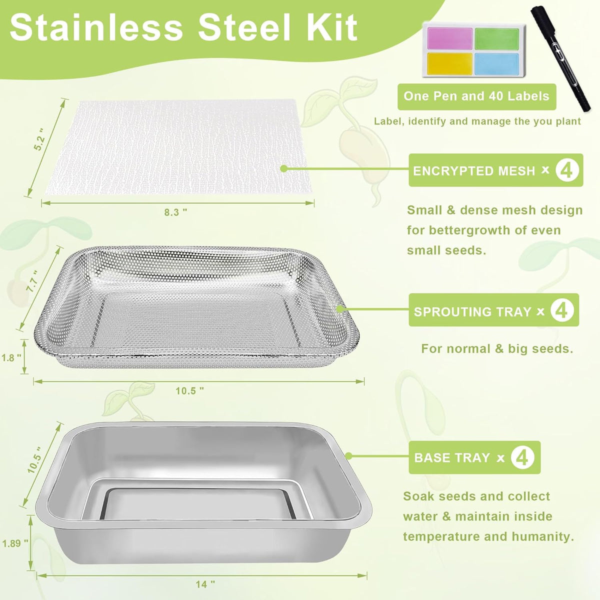 Stainless Steel Sprouts Growing Kit 4-Tier 14 inch Trays, Microgreens Growing Kit, Seed Sprouting Tray with Encrypted Mesh Sprouts for Beans Alfalfa Broccoli Wheat Grass